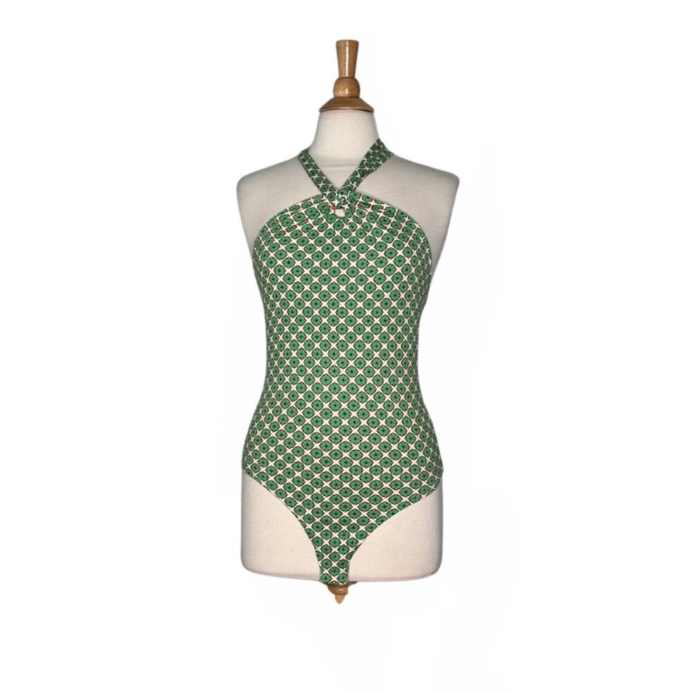 Gaze Green Orange Patterned Bodysuit 70s Style Hippie Halter Tie Up Soft BR34